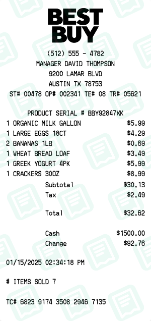Best Buy Receipt with ORGANIC MILK GALLON, LARGE EGGS 18CT, BANANAS 1LB totaling $33