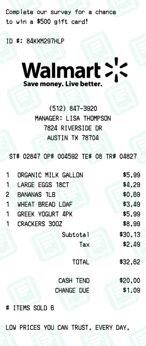 Walmart Receipt with ORGANIC MILK GALLON, LARGE EGGS 18CT, BANANAS 1LB totaling $33