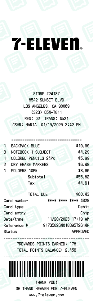 7 Eleven Receipt with BACKPACK BLUE, NOTEBOOK 1 SUBJECT, COLORED PENCILS 24PK totaling $60