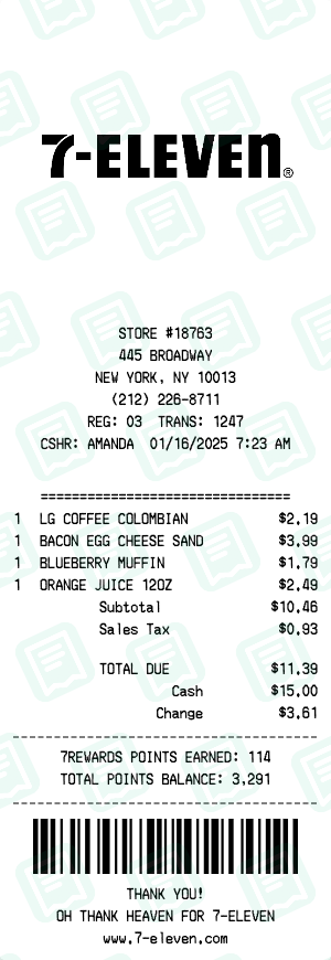 7 Eleven Receipt with LG COFFEE COLOMBIAN, BACON EGG CHEESE SAND, BLUEBERRY MUFFIN totaling $11
