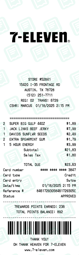 7 Eleven Receipt with SUPER BIG GULP 44OZ, JACK LINKS BEEF JERKY, DAVIDS SUNFLWR SEEDS totaling $24