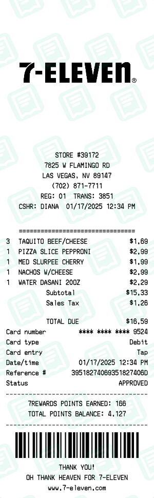 7 Eleven Receipt with TAQUITO BEEF/CHEESE, PIZZA SLICE PEPPRONI, MED SLURPEE CHERRY totaling $17