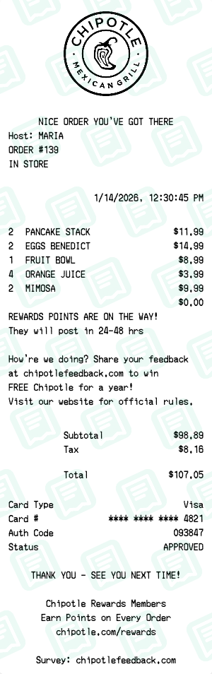 Chipotle Receipt with PANCAKE STACK, EGGS BENEDICT, FRUIT BOWL totaling $107