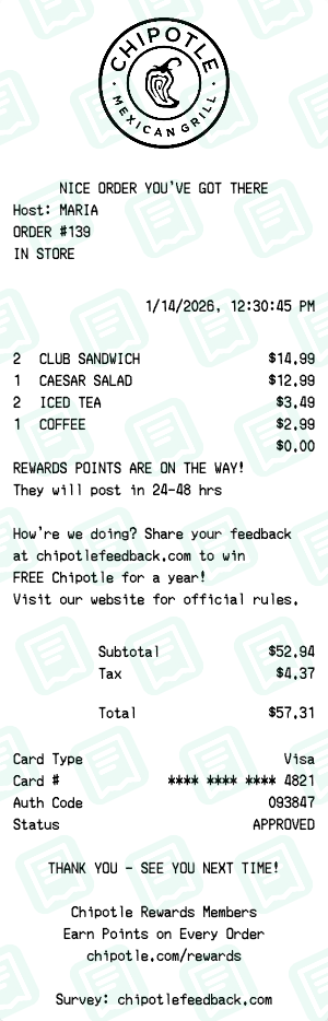 Chipotle Receipt with CLUB SANDWICH, CAESAR SALAD, ICED TEA totaling $57