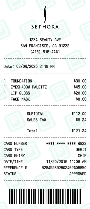 Sephora receipt preview - click to customize