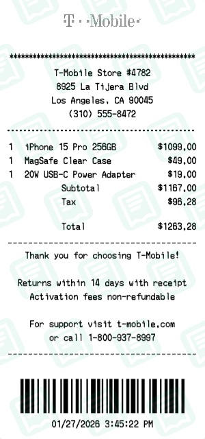 T Mobile Receipt with iPhone 15 Pro 256GB, MagSafe Clear Case, 20W USB-C Power Adapter totaling $1,263
