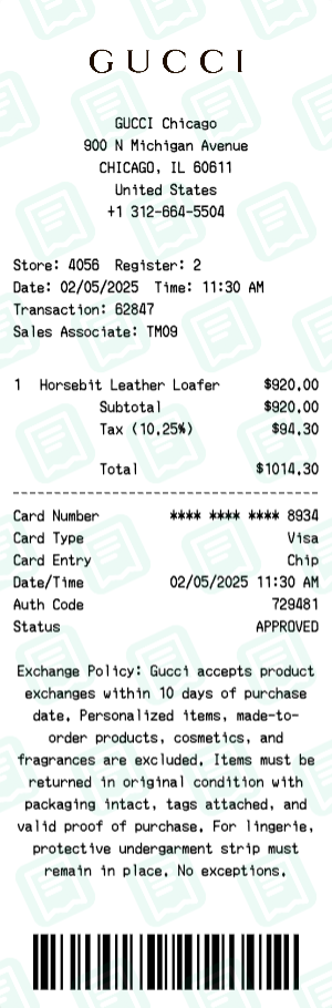 Gucci Receipt Example - Horsebit Loafers
