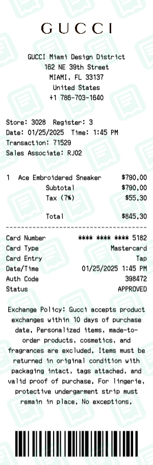 Gucci Receipt Example - Ace Sneakers