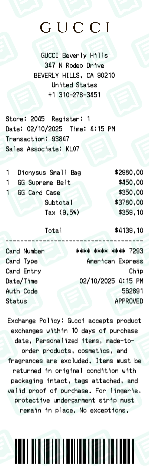 Gucci Receipt Example - Multi-Item Purchase