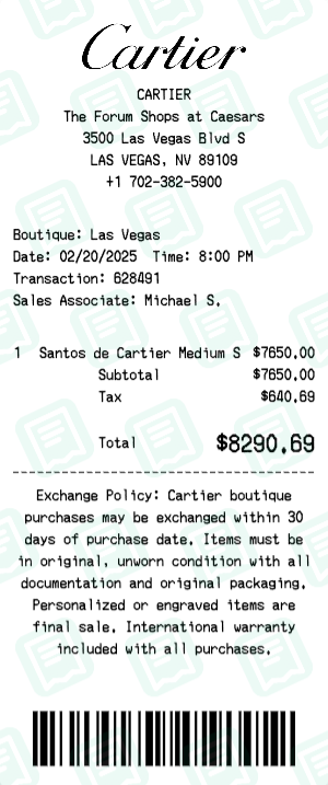 Cartier Receipt Example - Santos Watch