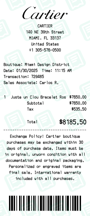 Cartier Receipt Example - Juste un Clou