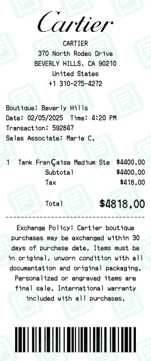Cartier Receipt Example - Tank Watch