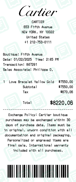Cartier Receipt Example - Love Bracelet