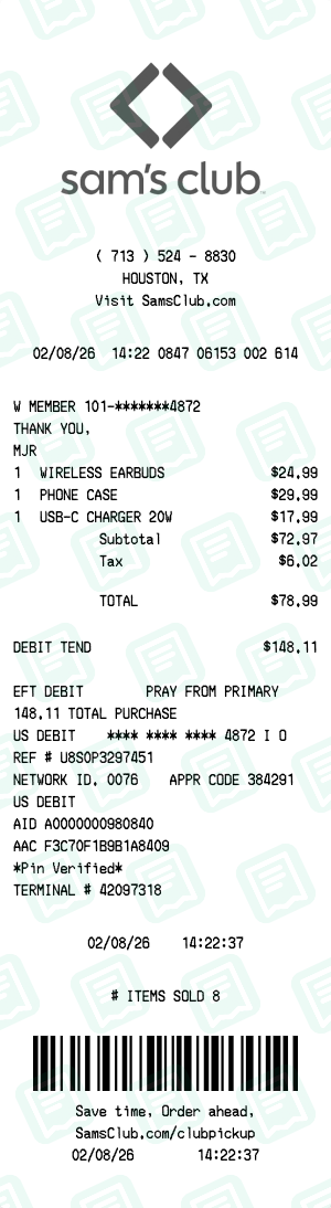 Sam's Club Receipt Example - Electronics Purchase