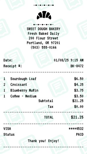 Bakery receipt preview - click to customize