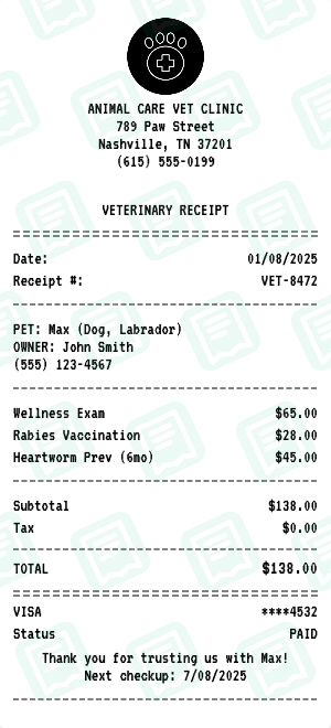 Vet receipt preview - click to customize