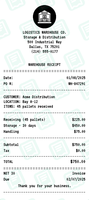 Warehouse receipt preview - click to customize