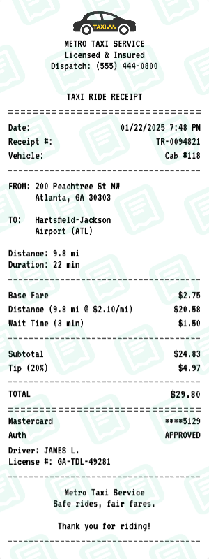 Taxi Ride receipt preview - click to customize