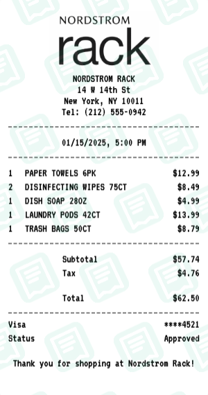 Nordstrom Rack Receipt Example - Household Essentials