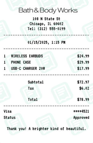 Bath & Body Works Receipt Example - Electronics Purchase