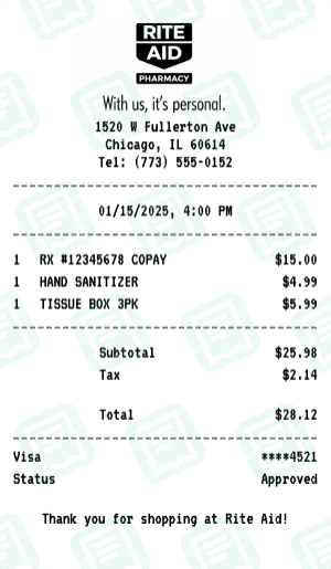 Rite Aid Receipt Example - Prescription Pickup