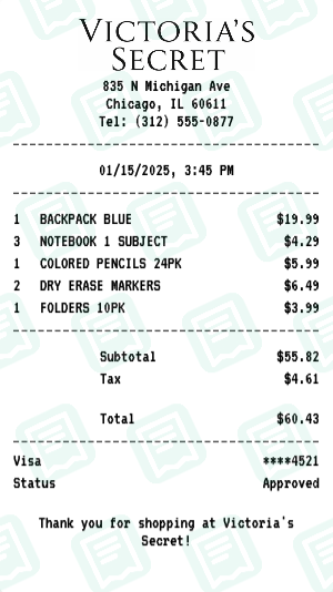 Victoria's Secret Receipt Example - Back to School