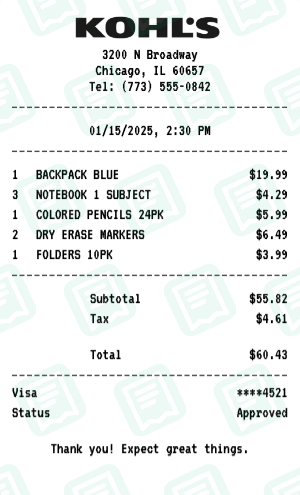 Kohl's Receipt Example - Back to School