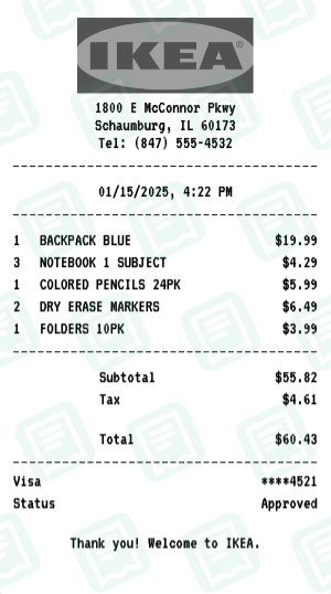 IKEA Receipt Example - Back to School