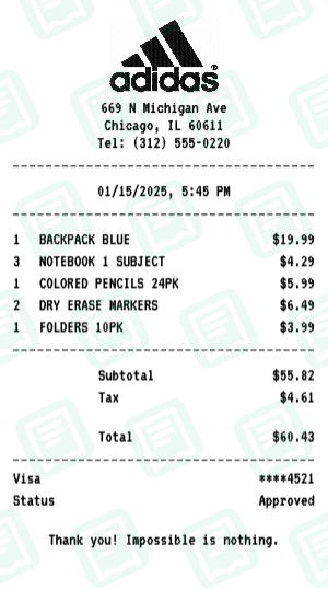 Adidas Receipt Example - Back to School