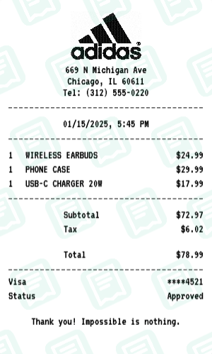 Adidas Receipt Example - Electronics Purchase
