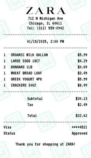 ZARA Receipt Example - Weekly Grocery Run