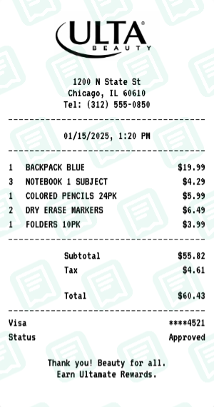 Ulta Beauty Receipt Example - Back to School