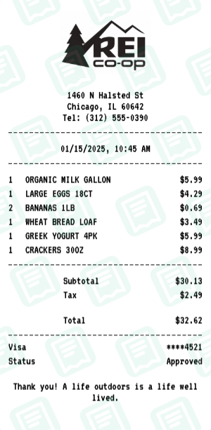 REI Co-op Receipt Example - Weekly Grocery Run