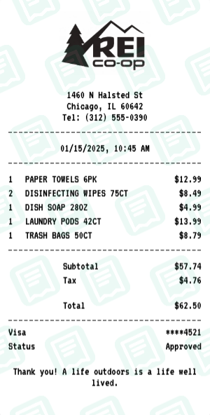 REI Co-op Receipt Example - Household Essentials