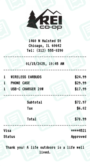 REI Co-op Receipt Example - Electronics Purchase