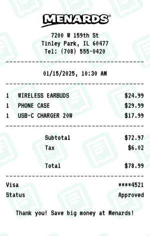 Menards Receipt Example - Electronics Purchase