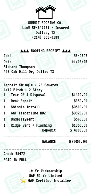 Roofing receipt preview - click to customize