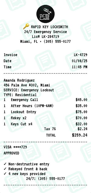 Locksmith receipt preview - click to customize