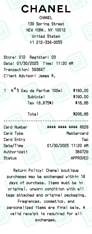 Chanel Receipt Example - No. 5 Perfume