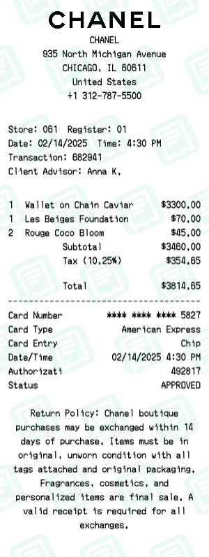Chanel Receipt Example - Multi-Item Purchase