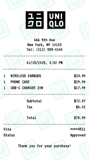 UNIQLO Receipt Example - Electronics Purchase